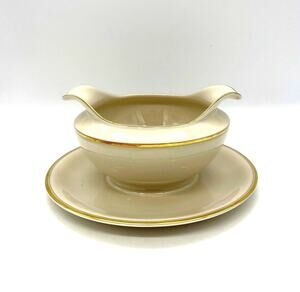 Arabia Porcelain Gravy Boat w/ Attached Under Plate Cream with Gold Trim Finland